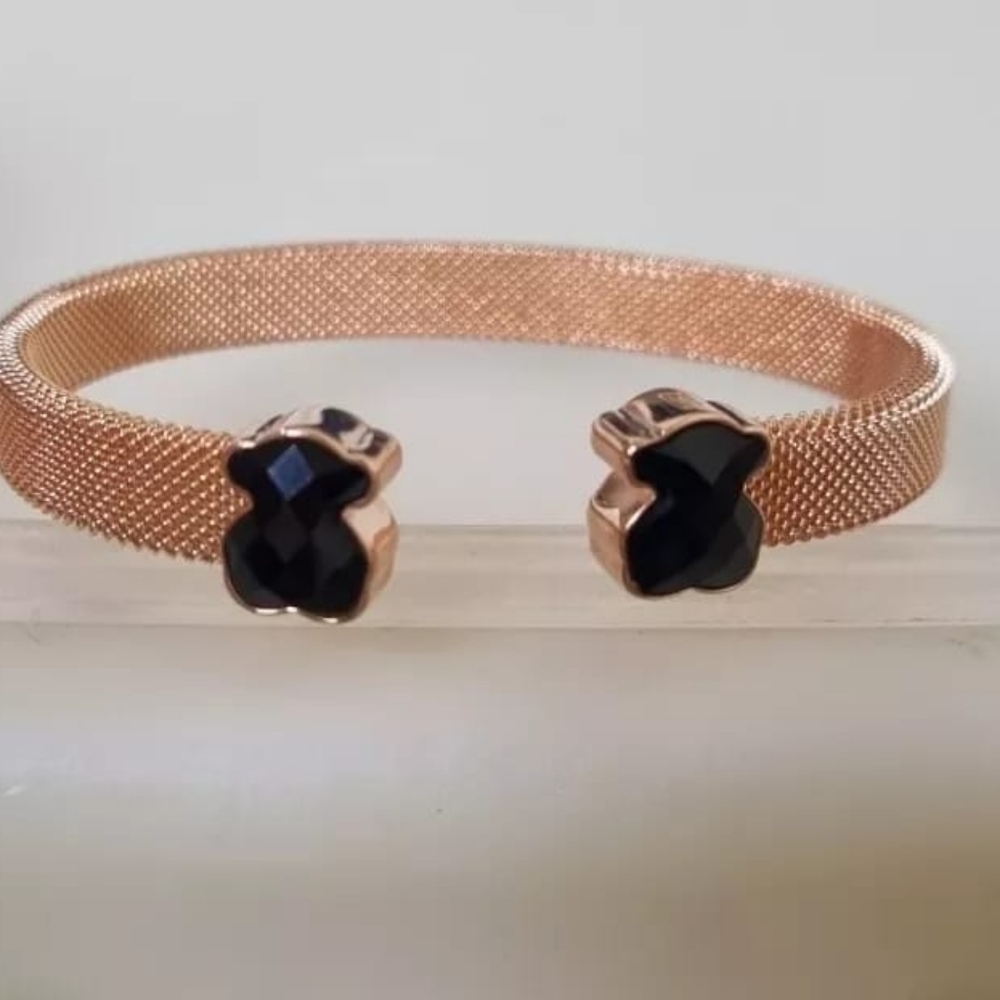 Tous Rose IP Steel Mesh Color Cuff Bracelet with Black Onyx